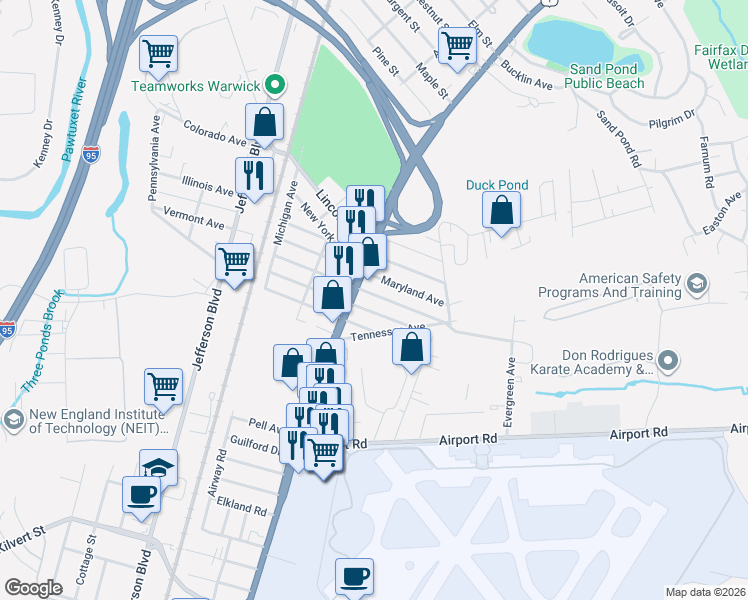 map of restaurants, bars, coffee shops, grocery stores, and more near 85 Massachusetts Avenue in Warwick