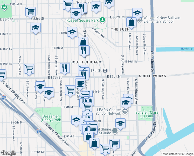 map of restaurants, bars, coffee shops, grocery stores, and more near 8701 South Houston Avenue in Chicago