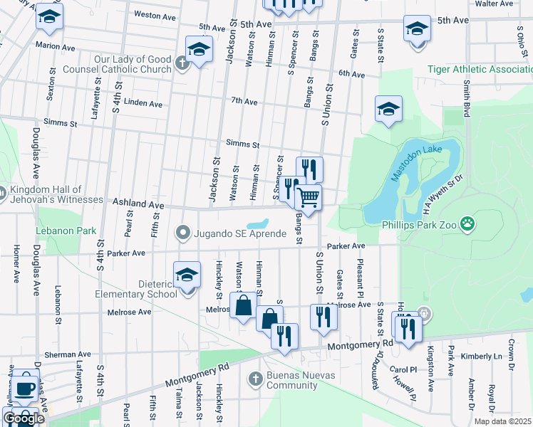 map of restaurants, bars, coffee shops, grocery stores, and more near 565 Ashland Avenue in Aurora