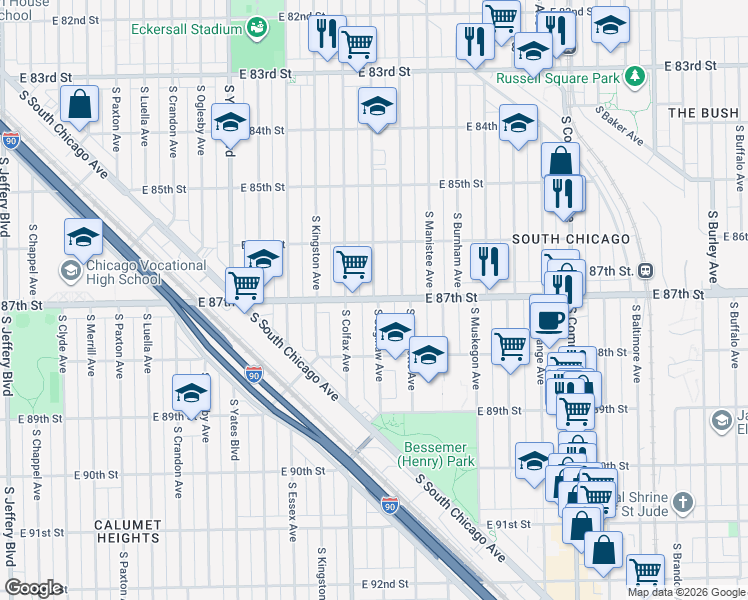 map of restaurants, bars, coffee shops, grocery stores, and more near E 87th St & S Saginaw Ave in Chicago
