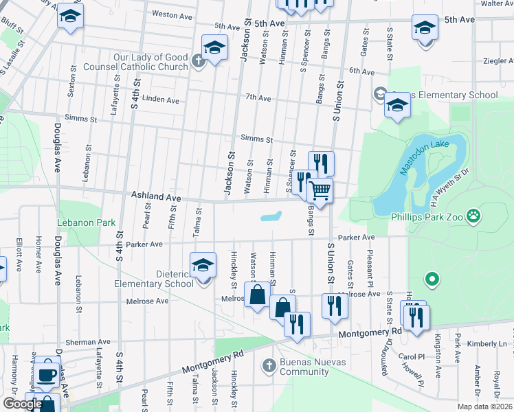 map of restaurants, bars, coffee shops, grocery stores, and more near 556 Ashland Avenue in Aurora
