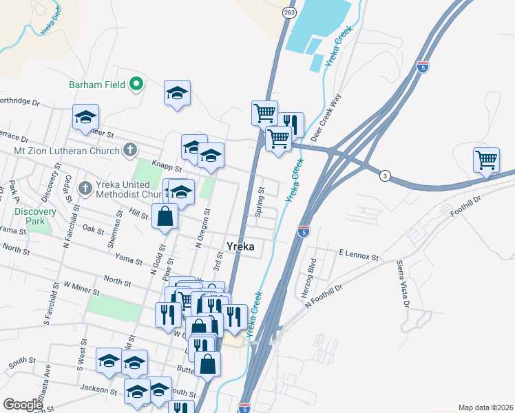 map of restaurants, bars, coffee shops, grocery stores, and more near 544-558 North Main Street in Yreka
