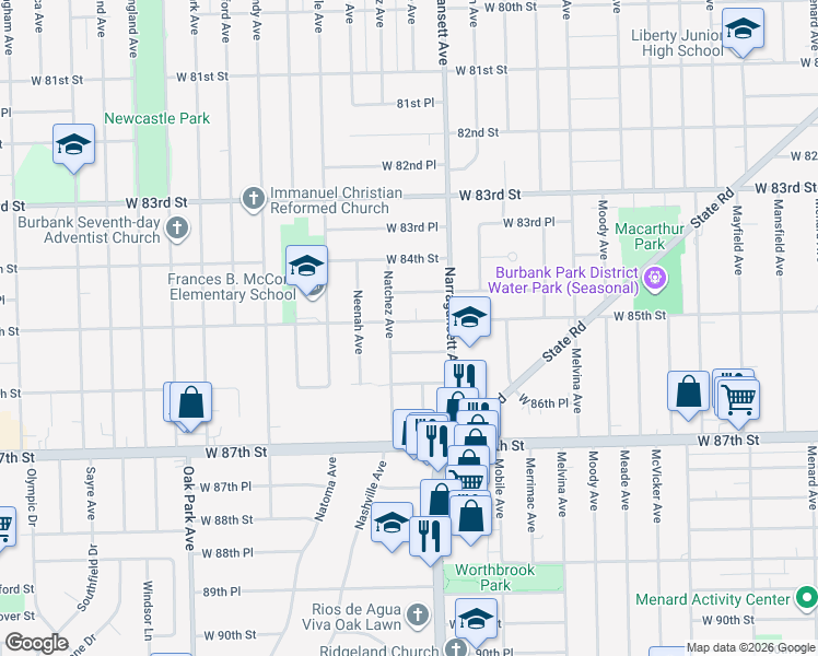 map of restaurants, bars, coffee shops, grocery stores, and more near 6429 85th Street in Burbank