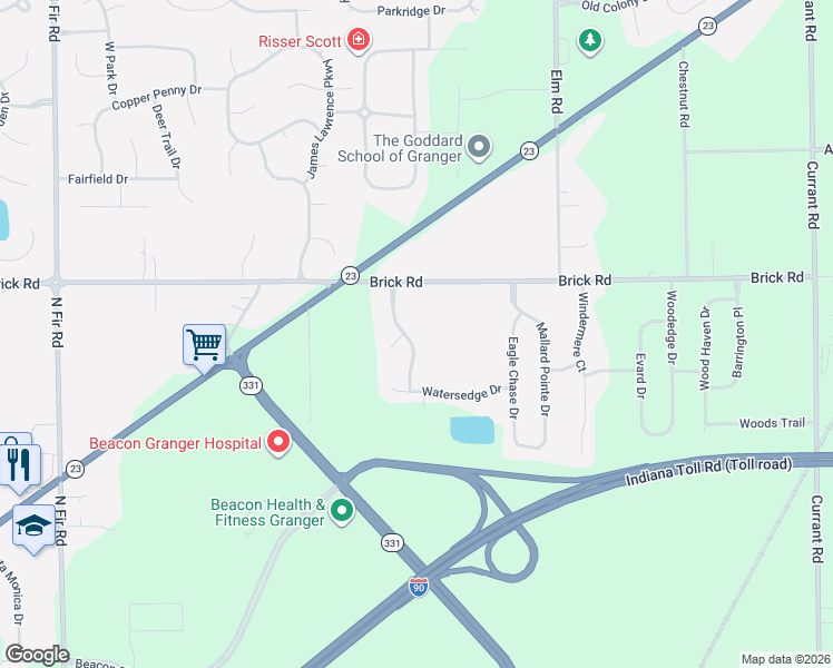 map of restaurants, bars, coffee shops, grocery stores, and more near 52101-52299 Falcon Chase Drive in Granger