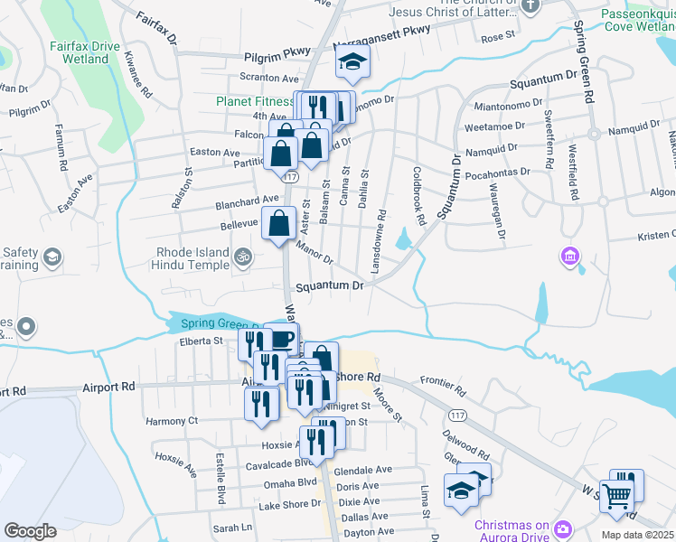 map of restaurants, bars, coffee shops, grocery stores, and more near 348 Manor Drive in Warwick