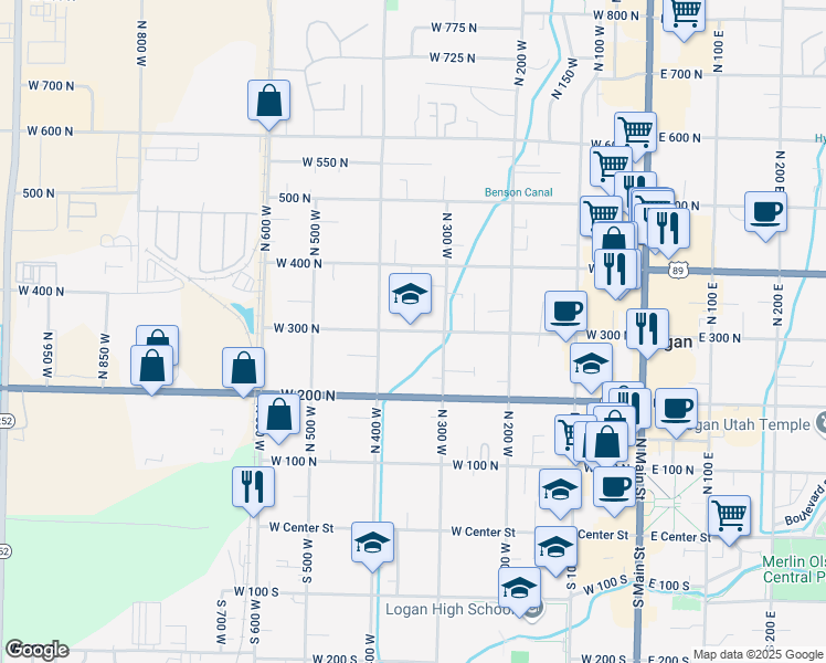map of restaurants, bars, coffee shops, grocery stores, and more near 348 West 300 North in Logan