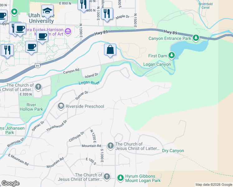 map of restaurants, bars, coffee shops, grocery stores, and more near 327 North 1430 East in Logan
