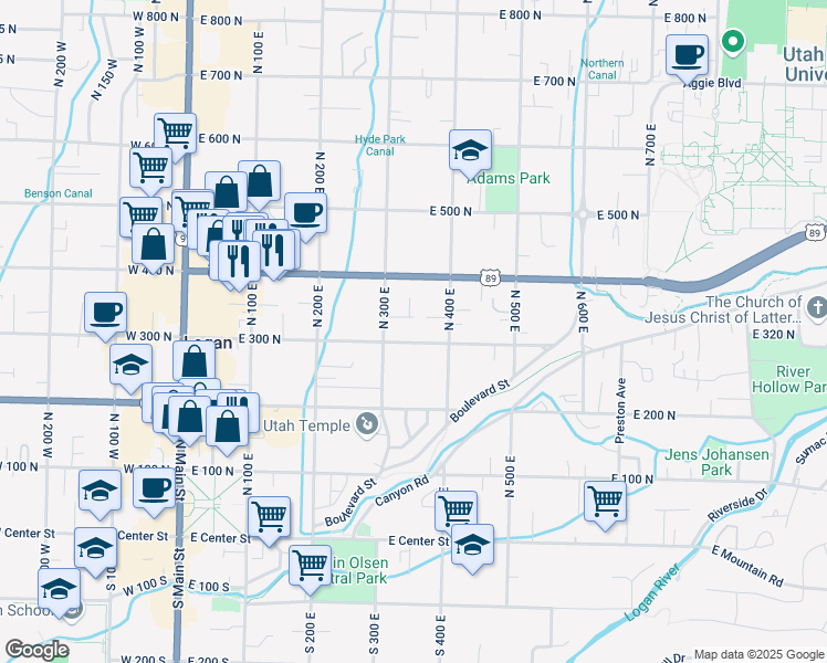 map of restaurants, bars, coffee shops, grocery stores, and more near 317 1/2 East 300 North in Logan