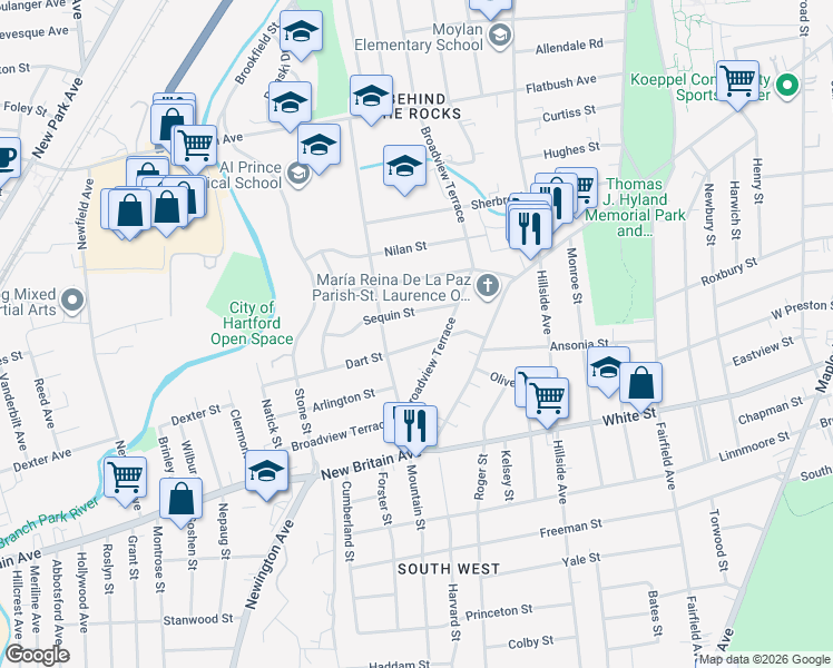 map of restaurants, bars, coffee shops, grocery stores, and more near 52 Dart Street in Hartford