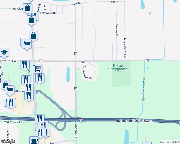 map of restaurants, bars, coffee shops, grocery stores, and more near 25800 Brookstream Circle in Elkhart