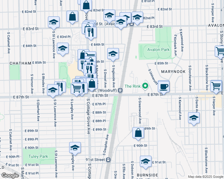 map of restaurants, bars, coffee shops, grocery stores, and more near 8630 South Ingleside Avenue in Chicago