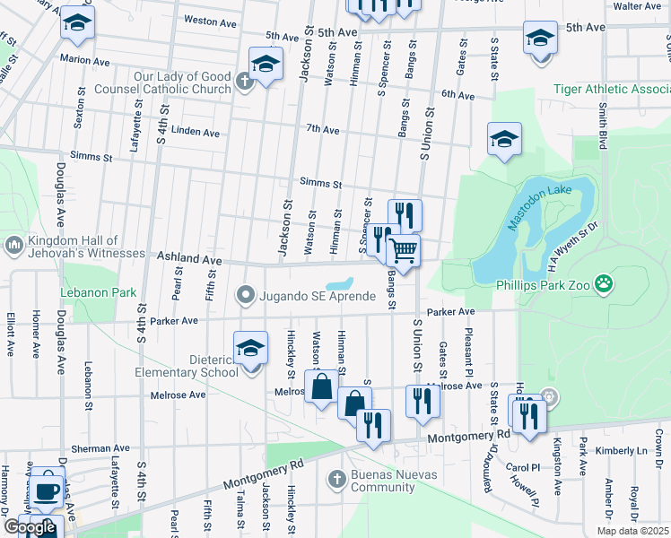 map of restaurants, bars, coffee shops, grocery stores, and more near 565 Ashland Avenue in Aurora