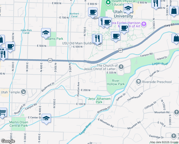 map of restaurants, bars, coffee shops, grocery stores, and more near 755 Canyon Road in Logan