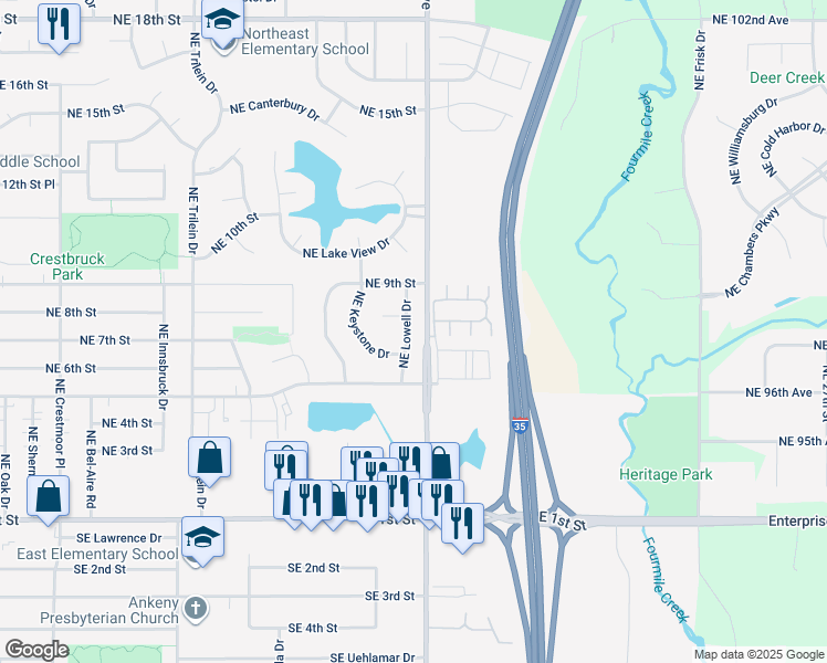 map of restaurants, bars, coffee shops, grocery stores, and more near 701 Northeast Lowell Drive in Ankeny