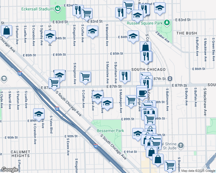 map of restaurants, bars, coffee shops, grocery stores, and more near E 87th St & S Manistee Ave in Chicago