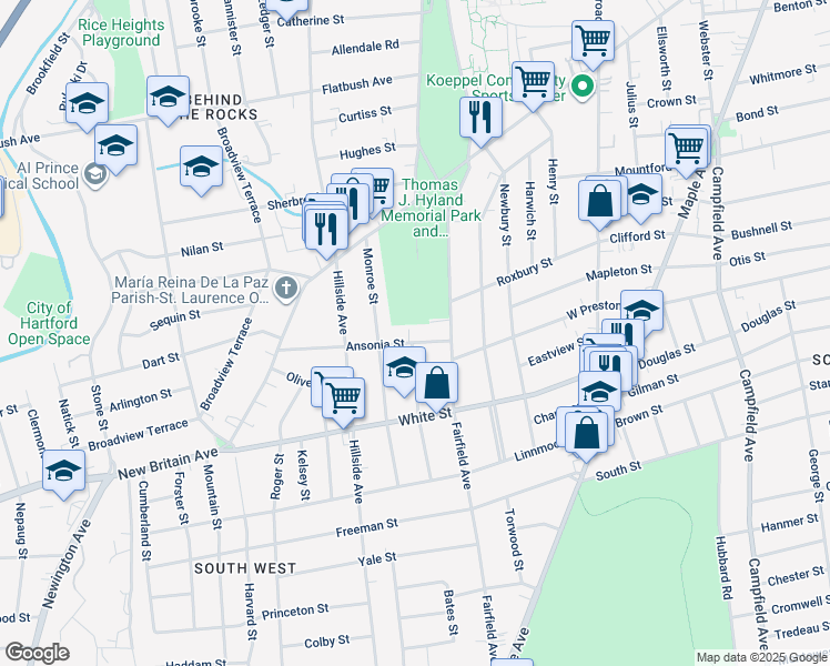 map of restaurants, bars, coffee shops, grocery stores, and more near 227 Linnmoore Street in Hartford