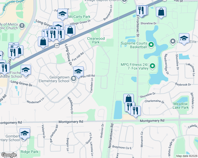 map of restaurants, bars, coffee shops, grocery stores, and more near 1000 Pheasant Run Lane in Aurora