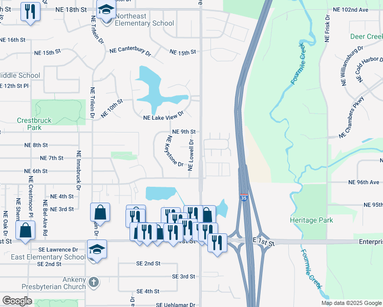 map of restaurants, bars, coffee shops, grocery stores, and more near 702 Northeast Lowell Drive in Ankeny