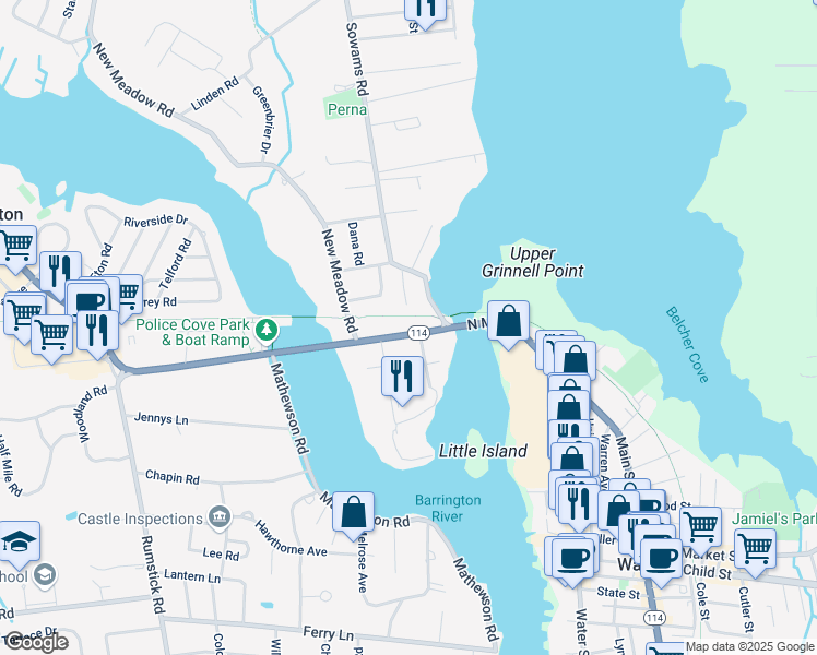 map of restaurants, bars, coffee shops, grocery stores, and more near 35 County Road in Barrington