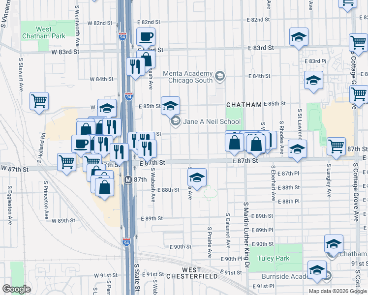 map of restaurants, bars, coffee shops, grocery stores, and more near 8626 South Indiana Avenue in Chicago