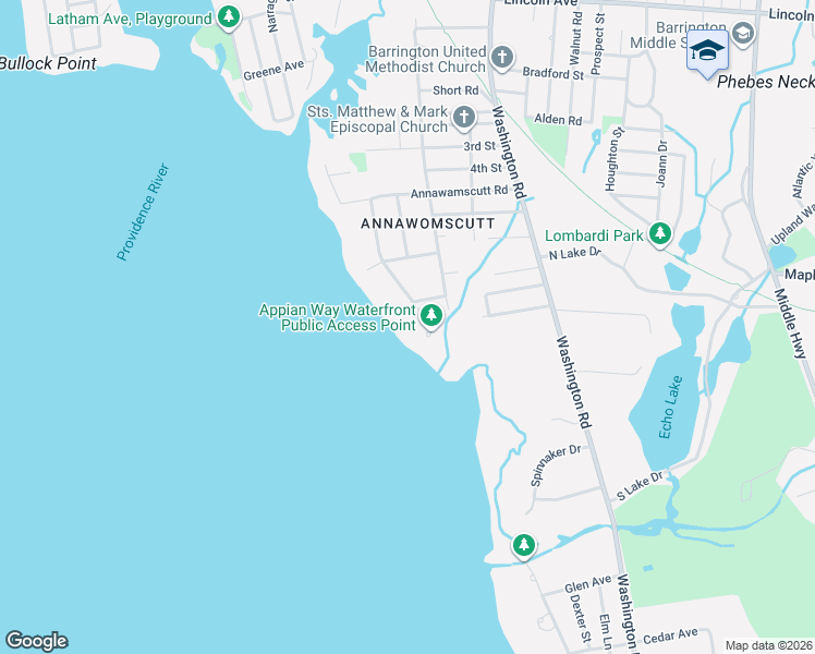 map of restaurants, bars, coffee shops, grocery stores, and more near 55 Appian Way in Barrington