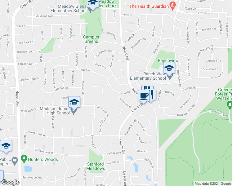 map of restaurants, bars, coffee shops, grocery stores, and more near 1420 Knoll Drive in Naperville