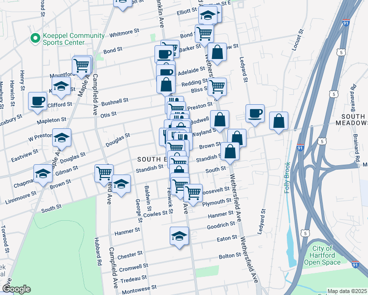 map of restaurants, bars, coffee shops, grocery stores, and more near 440 Franklin Avenue in Hartford