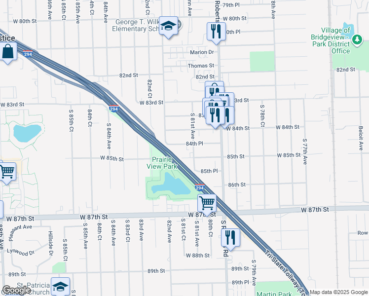 map of restaurants, bars, coffee shops, grocery stores, and more near 8133 84th Place in Justice