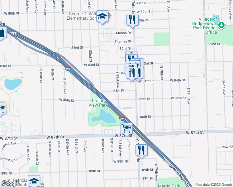map of restaurants, bars, coffee shops, grocery stores, and more near 8133 84th Place in Justice