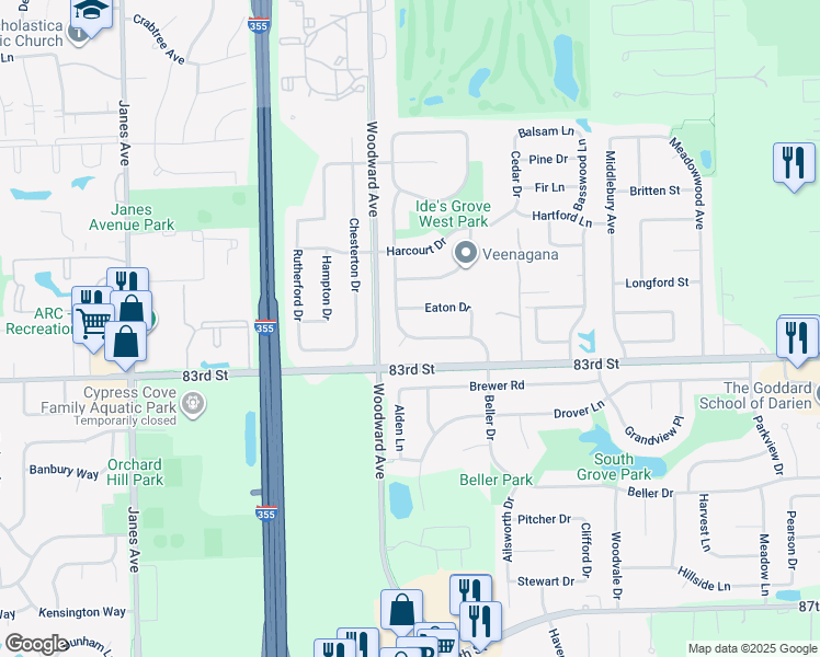 map of restaurants, bars, coffee shops, grocery stores, and more near 1912 Beller Road in Woodridge