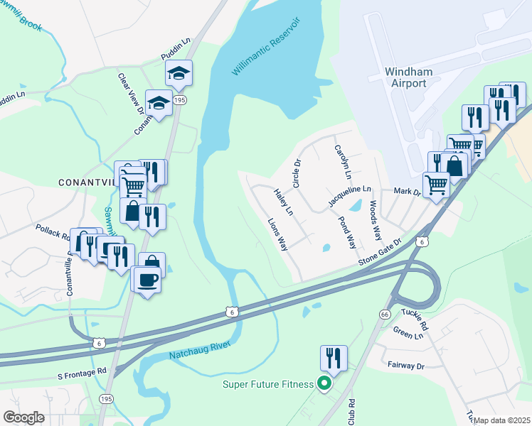 map of restaurants, bars, coffee shops, grocery stores, and more near 67 Lions Way in Windham
