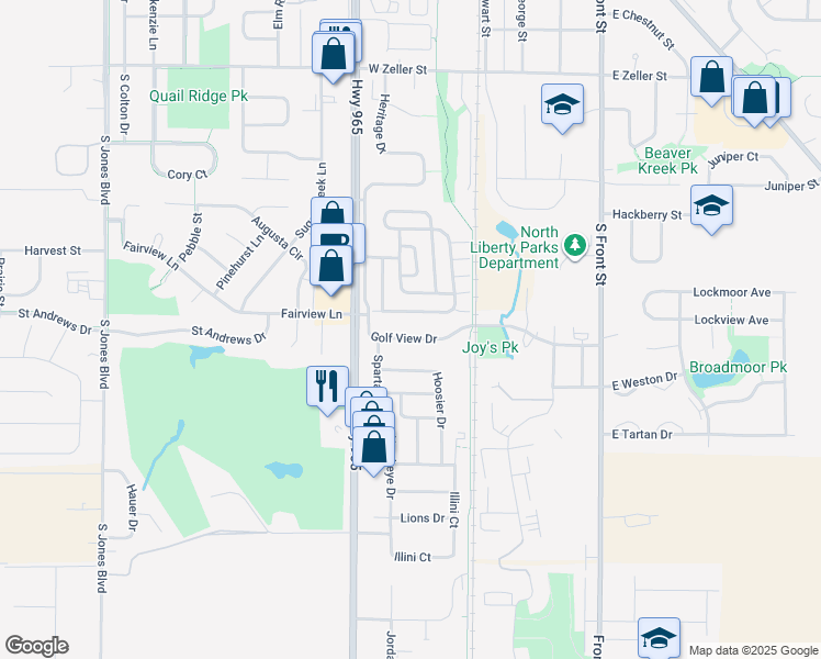 map of restaurants, bars, coffee shops, grocery stores, and more near 75-223 Holiday Lodge Road in North Liberty