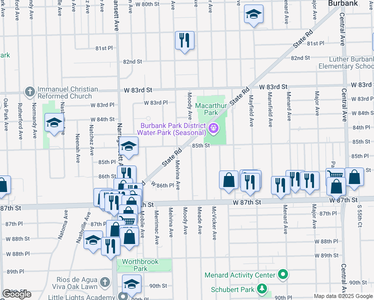 map of restaurants, bars, coffee shops, grocery stores, and more near 8500 Moody Avenue in Burbank