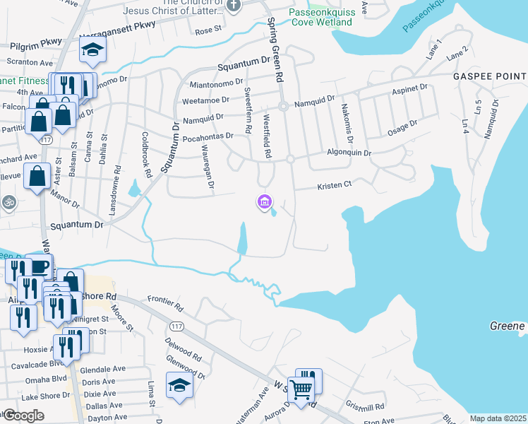 map of restaurants, bars, coffee shops, grocery stores, and more near 566 Spring Green Road in Warwick