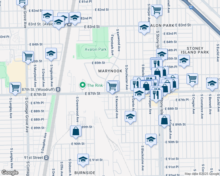 map of restaurants, bars, coffee shops, grocery stores, and more near 8668 South Kimbark Avenue in Chicago