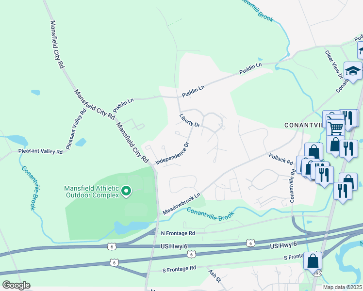 map of restaurants, bars, coffee shops, grocery stores, and more near 43 Liberty Drive in Mansfield