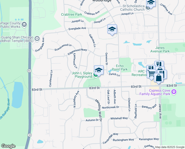 map of restaurants, bars, coffee shops, grocery stores, and more near 2830 Leawood Ct in Woodridge