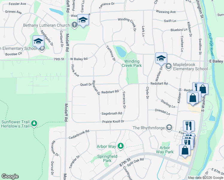 map of restaurants, bars, coffee shops, grocery stores, and more near 413 Redstart Road in Naperville