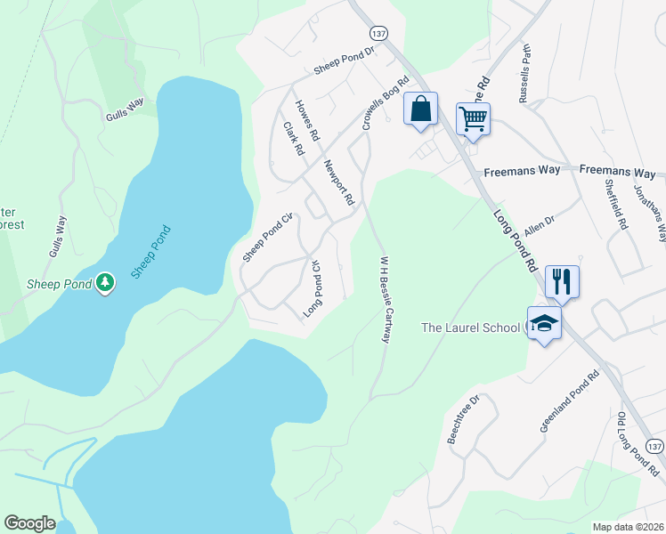 map of restaurants, bars, coffee shops, grocery stores, and more near 52 Woodward Road in Brewster