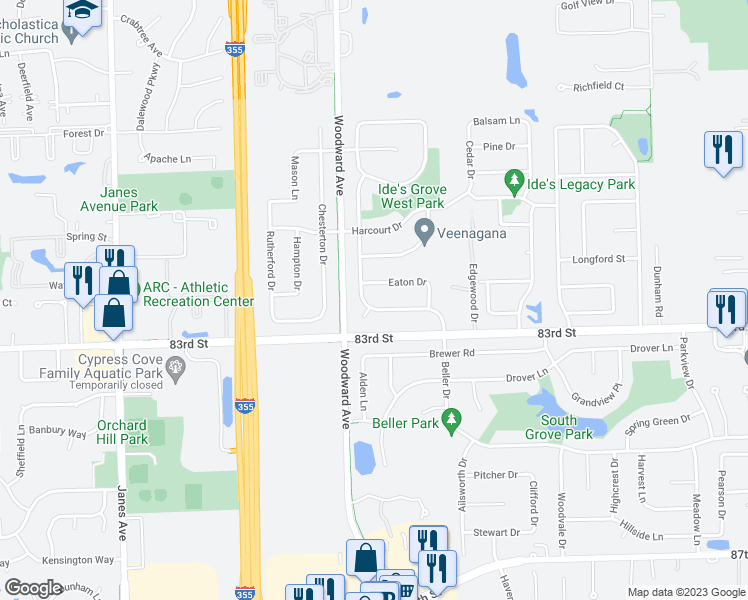 map of restaurants, bars, coffee shops, grocery stores, and more near 1912 Beller Road in Woodridge