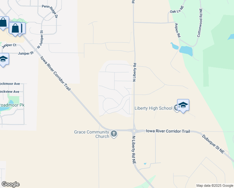 map of restaurants, bars, coffee shops, grocery stores, and more near 1225 Mary Lane in North Liberty