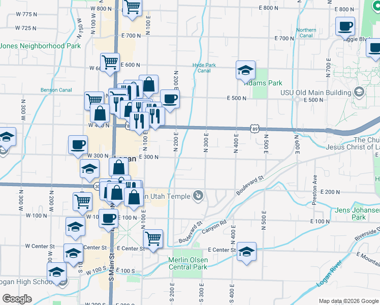 map of restaurants, bars, coffee shops, grocery stores, and more near 261 East 300 North in Logan