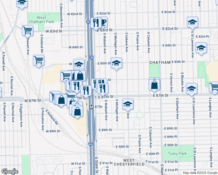 map of restaurants, bars, coffee shops, grocery stores, and more near 8621 South Wabash Avenue in Chicago
