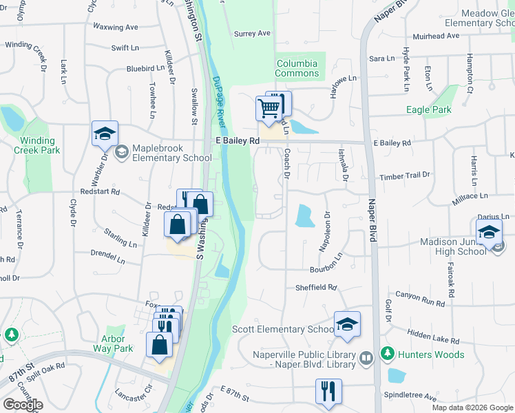 map of restaurants, bars, coffee shops, grocery stores, and more near 154 East Bailey Road in Naperville