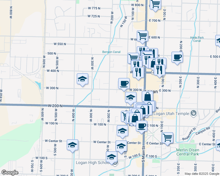 map of restaurants, bars, coffee shops, grocery stores, and more near 308 North 200 West in Logan