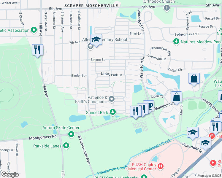 map of restaurants, bars, coffee shops, grocery stores, and more near 951 Four Seasons Boulevard in Aurora