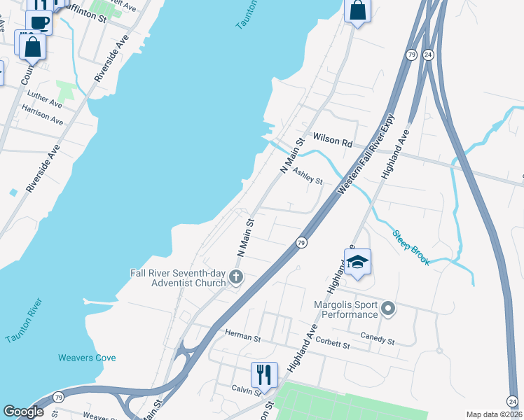 map of restaurants, bars, coffee shops, grocery stores, and more near 34 Sidney Street in Fall River