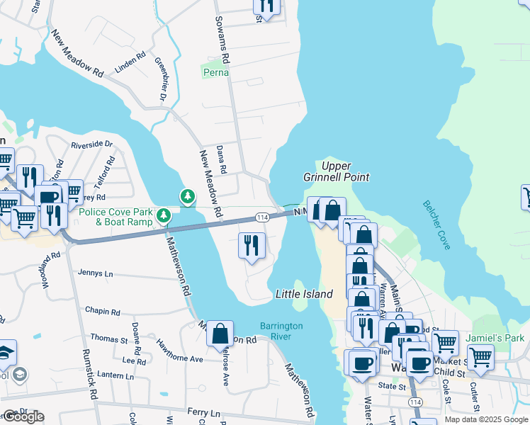 map of restaurants, bars, coffee shops, grocery stores, and more near 35 County Road in Barrington
