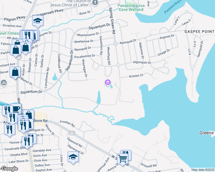 map of restaurants, bars, coffee shops, grocery stores, and more near 566 Spring Green Road in Warwick