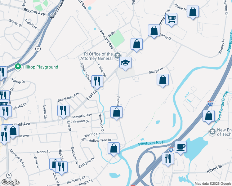 map of restaurants, bars, coffee shops, grocery stores, and more near 1635 Pontiac Avenue in Cranston